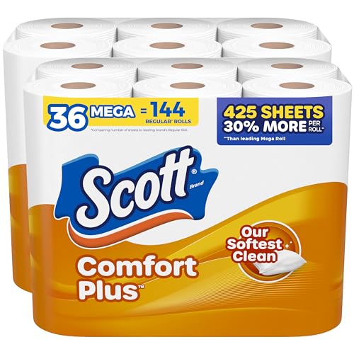 Scott ComfortPlus Toilet Paper, 36 Mega Rolls (2 Packs of 18), 425 Sheets per Roll, Septic-Safe, 1-Ply Toilet Tissue