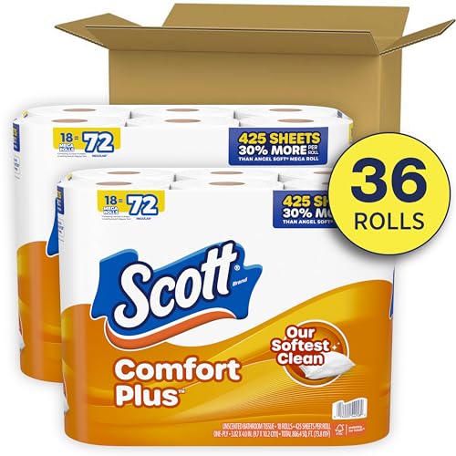 Scott ComfortPlus Toilet Paper, 36 Mega Rolls (2 Packs of 18), 425 Sheets per Roll, Septic-Safe, 1-Ply Toilet Tissue