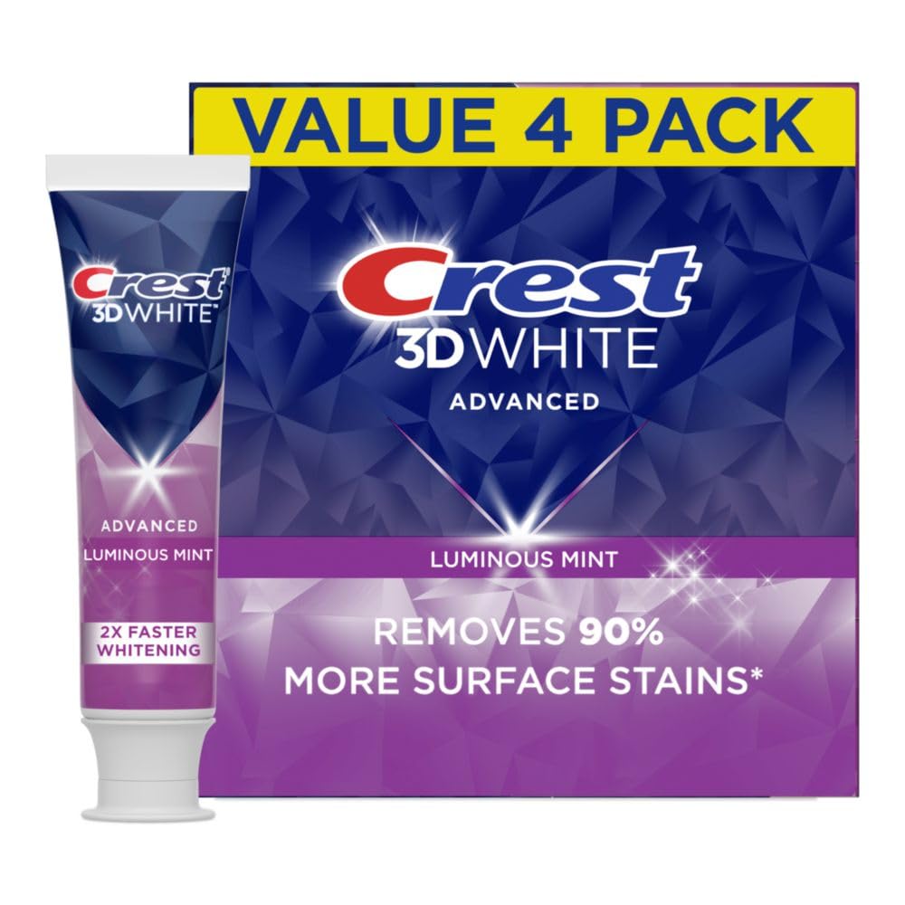 Crest 3D White Advanced Luminous Mint Teeth Whitening Toothpaste, 3.7 oz Pack of 4 - Helps Remove Surface Stains, Whitens Teeth, Strengthens Tooth Enamel, Protects Against Cavities