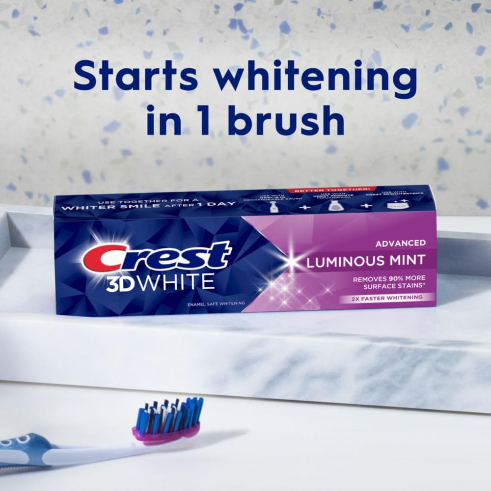 Crest 3D White Advanced Luminous Mint Teeth Whitening Toothpaste, 3.7 oz Pack of 4 - Helps Remove Surface Stains, Whitens Teeth, Strengthens Tooth Enamel, Protects Against Cavities