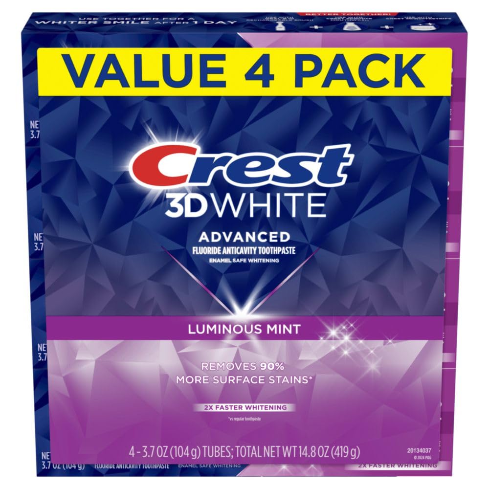 Crest 3D White Advanced Luminous Mint Teeth Whitening Toothpaste, 3.7 oz Pack of 4 - Helps Remove Surface Stains, Whitens Teeth, Strengthens Tooth Enamel, Protects Against Cavities