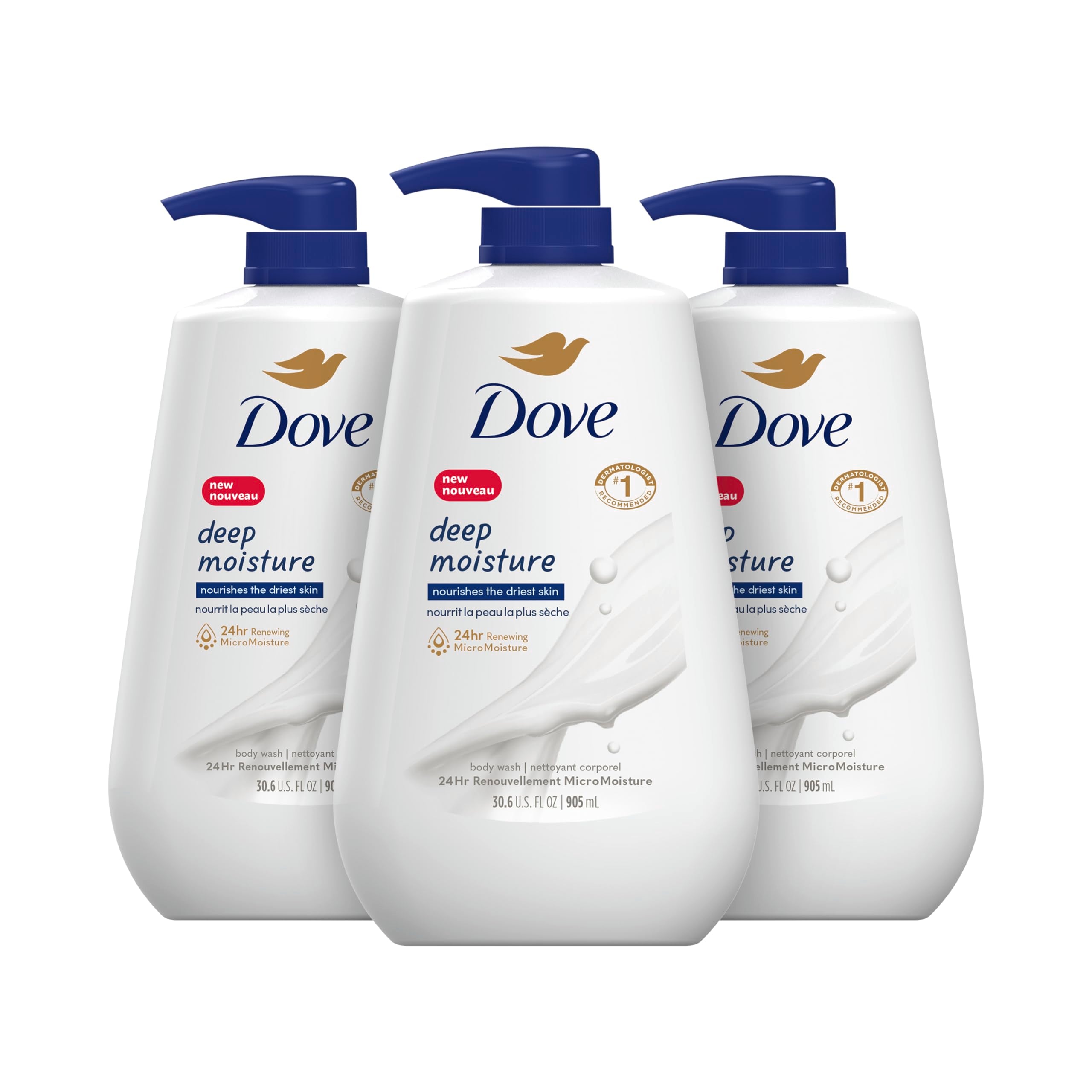 Dove Deep Moisture Body Wash 30.6 Fl Oz Pack of 3with Pump,Luxurious Hydrationfor DrySkin, Cleanser with 24hr Renewing MicroMoisture