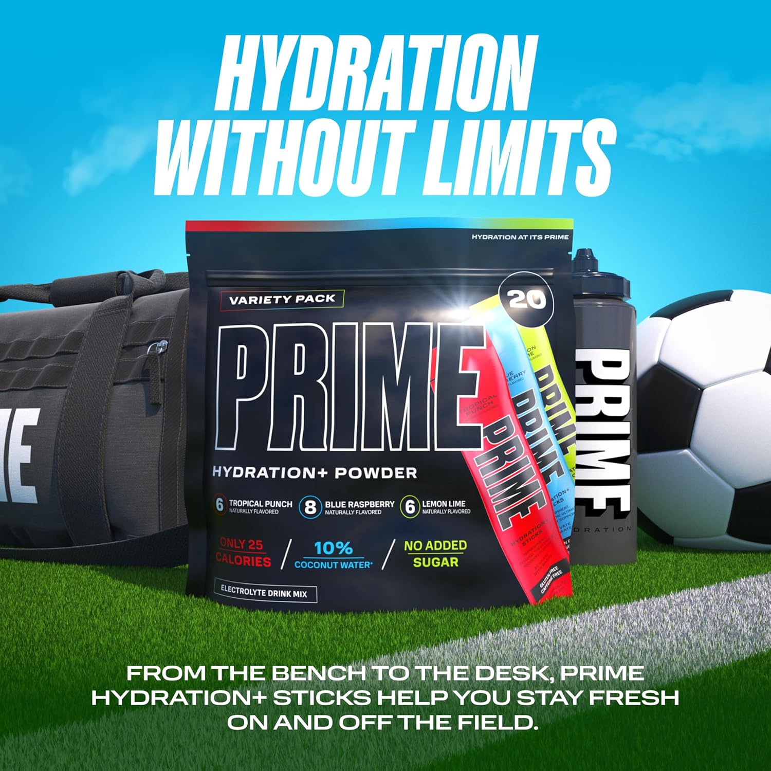 PRIME HYDRATION+ Sticks Variety Pack | Hydration Powder Single Serve Sticks | Electrolyte Powder On The Go | Low Sugar | Caffeine-Free | Vegan | 20 Sticks