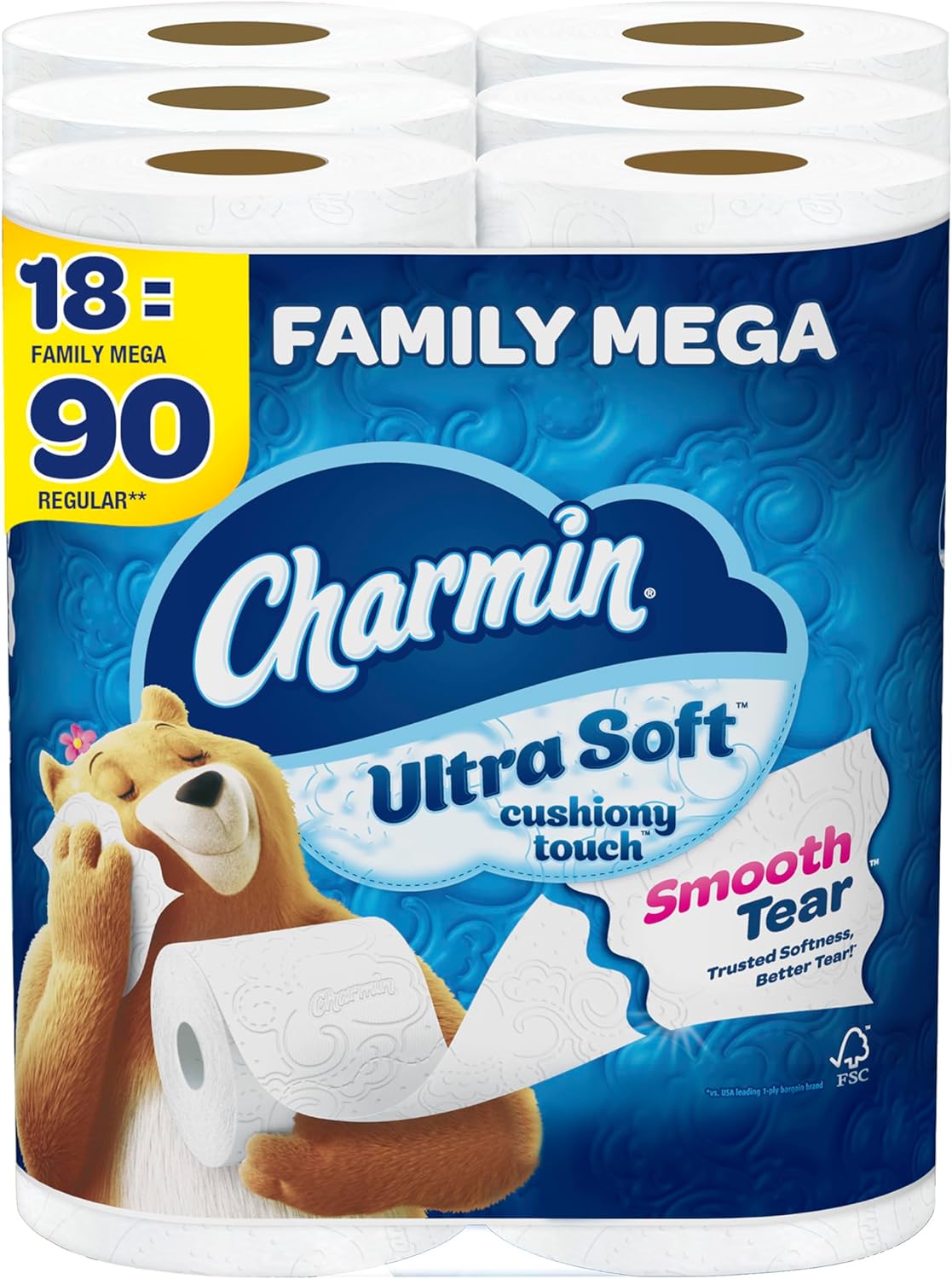 Charmin Toilet Paper Ultra Soft Cushiony Touch, 18 Family Mega Rolls = 90 Regular Rolls