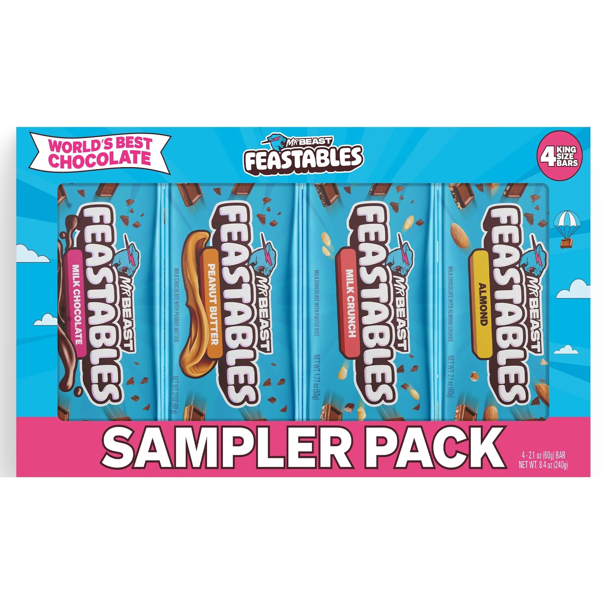 Mr.Beast Feastables Beast Bar Milk Chocolate Sampler Pack - Milk Chocolate, Peanut Butter, Milk Crunch and Almond Beast Bars [4 - Pack] 2.1 oz (60g) Bars