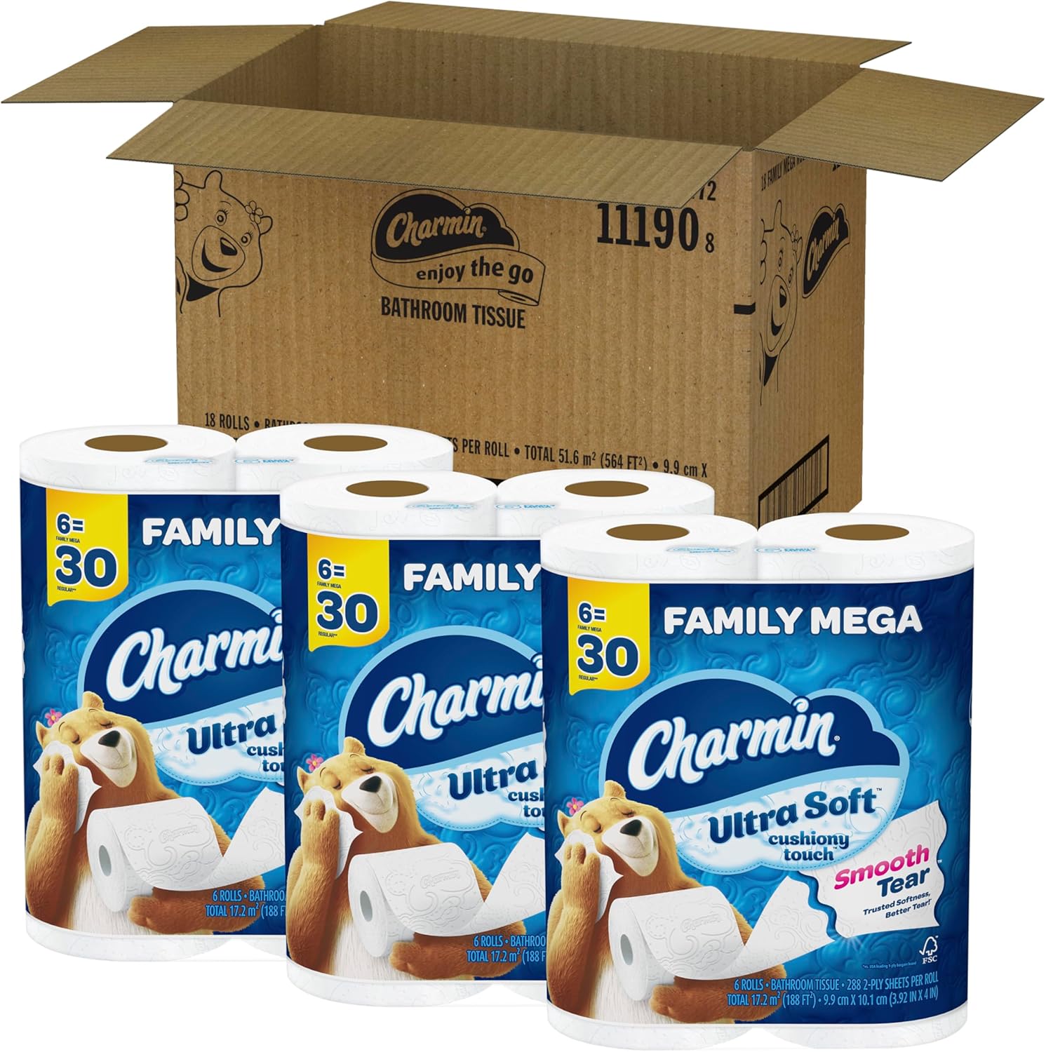 Charmin Toilet Paper Ultra Soft Cushiony Touch, 18 Family Mega Rolls = 90 Regular Rolls