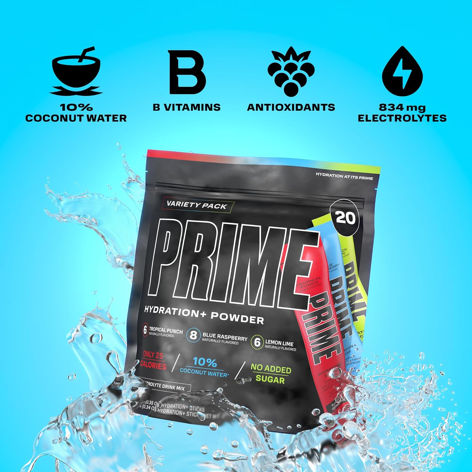 PRIME HYDRATION+ Sticks Variety Pack | Hydration Powder Single Serve Sticks | Electrolyte Powder On The Go | Low Sugar | Caffeine-Free | Vegan | 20 Sticks